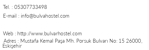 Bulvar Hostel & Apart telefon numaralar, faks, e-mail, posta adresi ve iletiim bilgileri